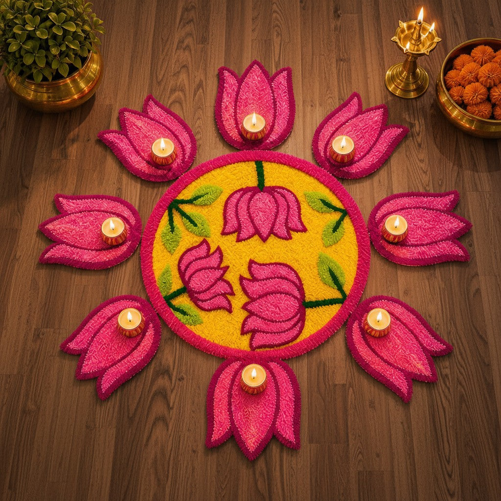 Lotus Bloom Rangoli Mat Set – Soft Feather Yarn colorful Design for Elegant Home & Festival Décor, yellow, pink