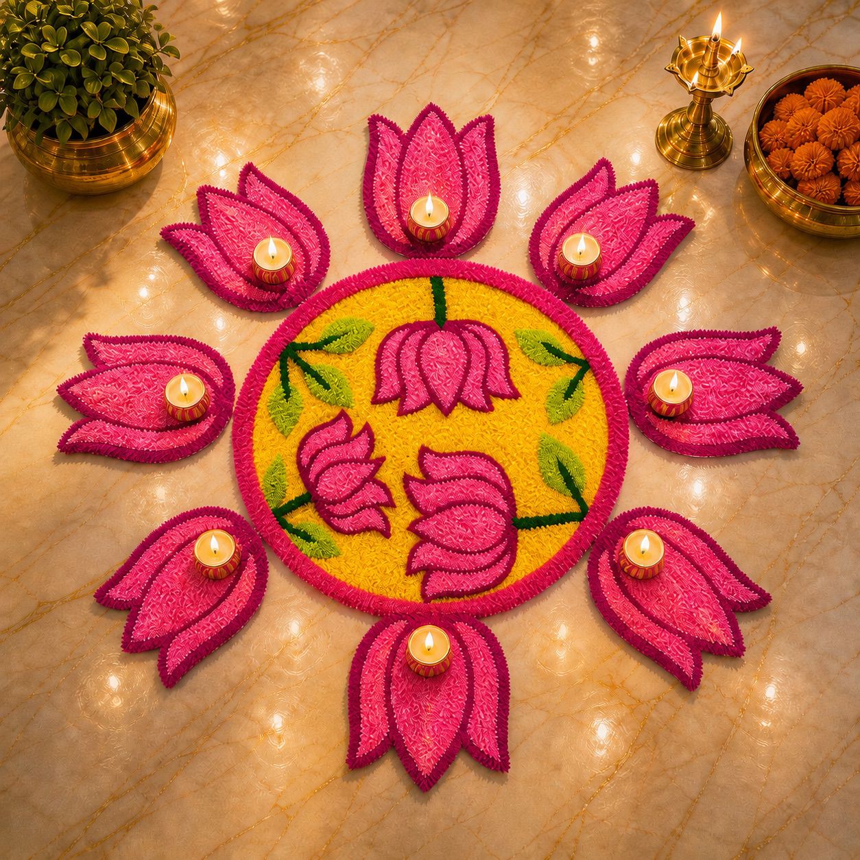 Lotus Bloom Rangoli Mat Set – Soft Feather Yarn colorful Design for Elegant Home & Festival Décor, yellow, pink