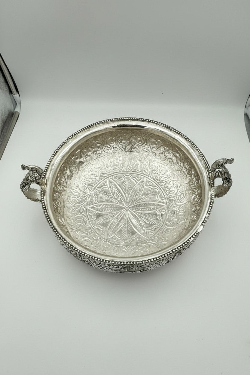 German Silver Peacock Urli with Kada elephant carving – Fully Carved 12" Bowl for Home Décor