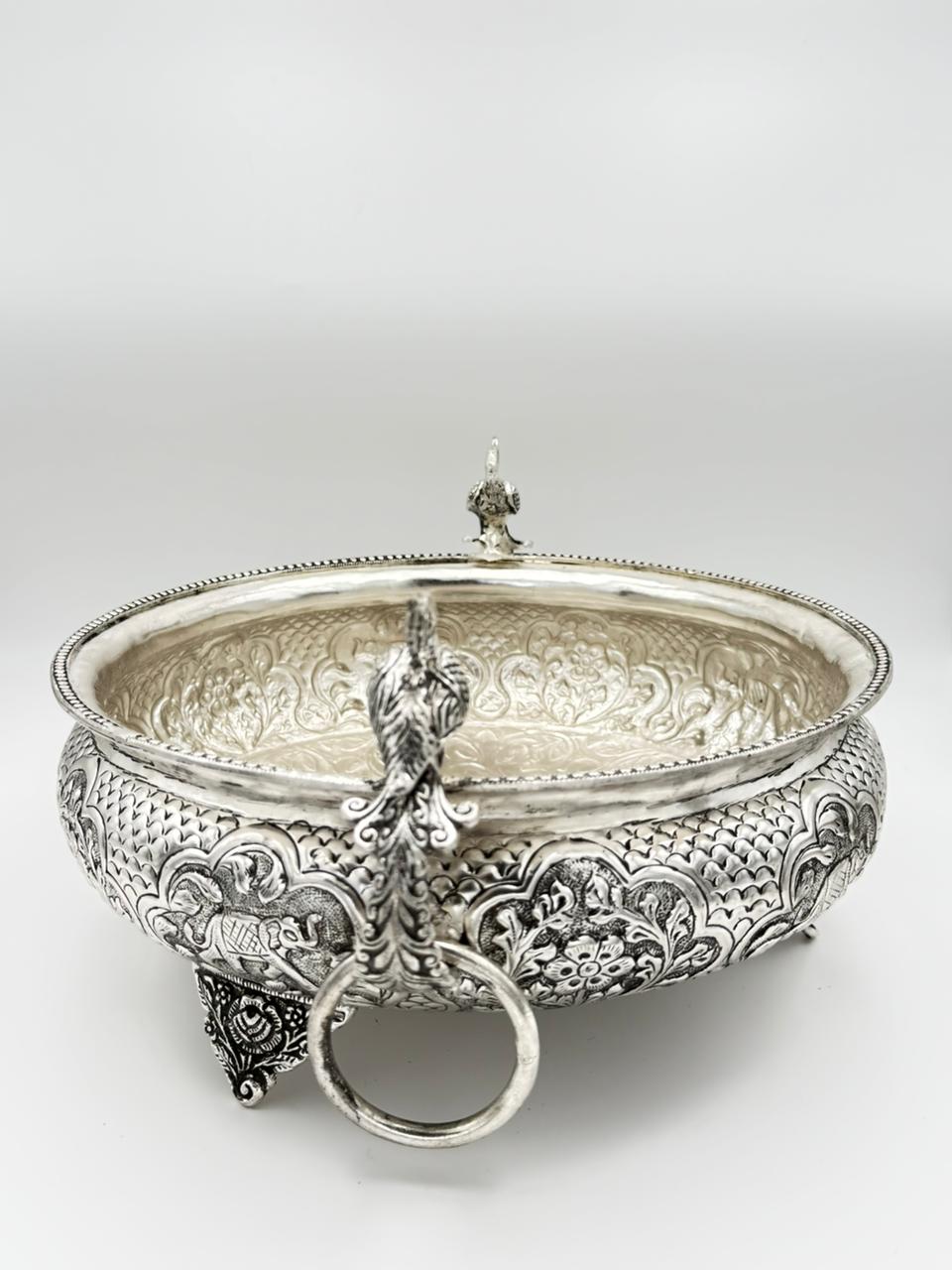German Silver Peacock Urli with Kada elephant carving – Fully Carved 12" Bowl for Home Décor