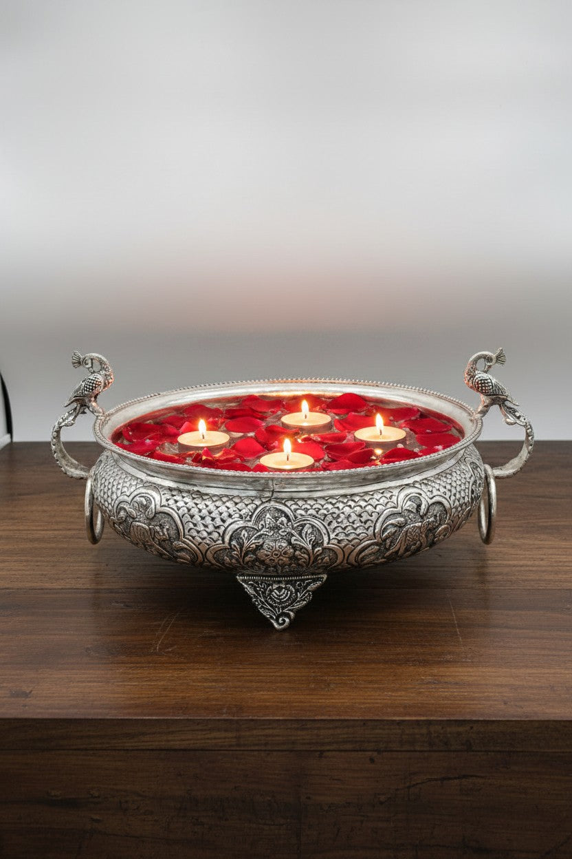 German Silver Peacock Urli with Kada elephant carving – Fully Carved 12" Bowl for Home Décor