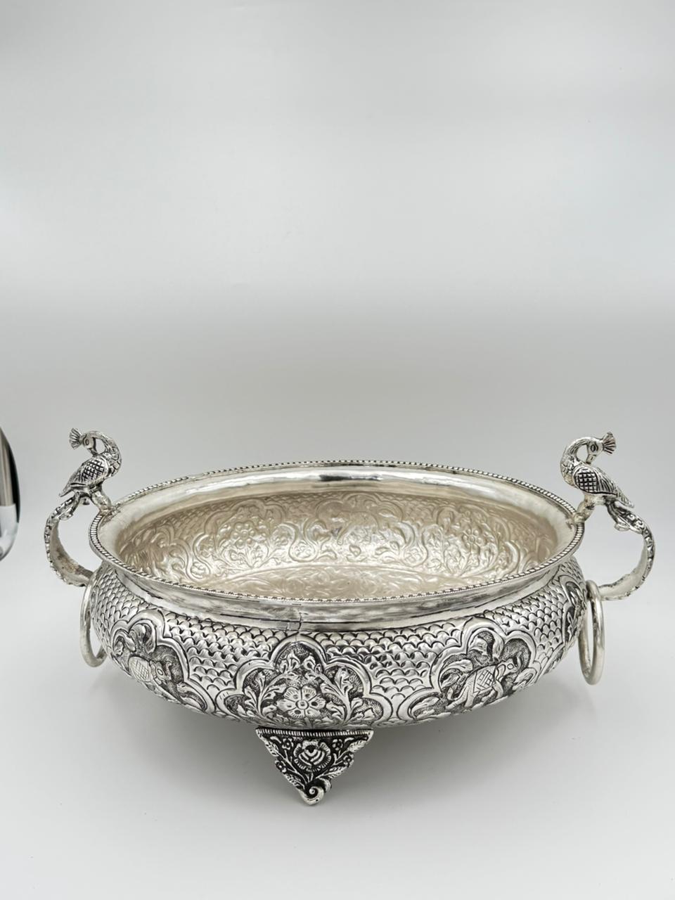 German Silver Peacock Urli with Kada elephant carving – Fully Carved 12" Bowl for Home Décor