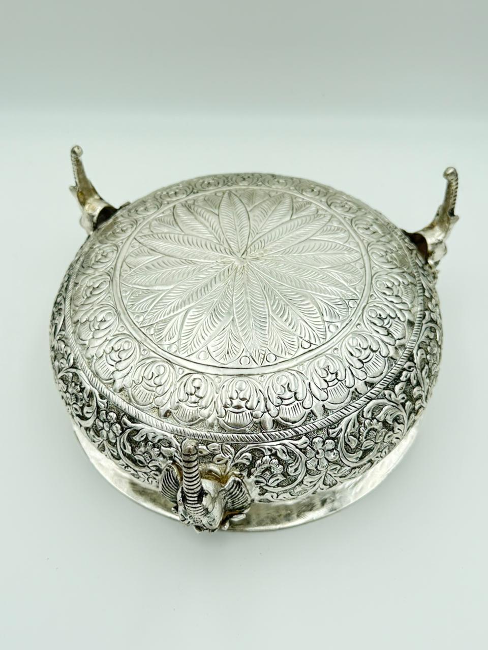 German Silver Elephant Legged Urli – Fully Carved 12" Bowl for Home Décor