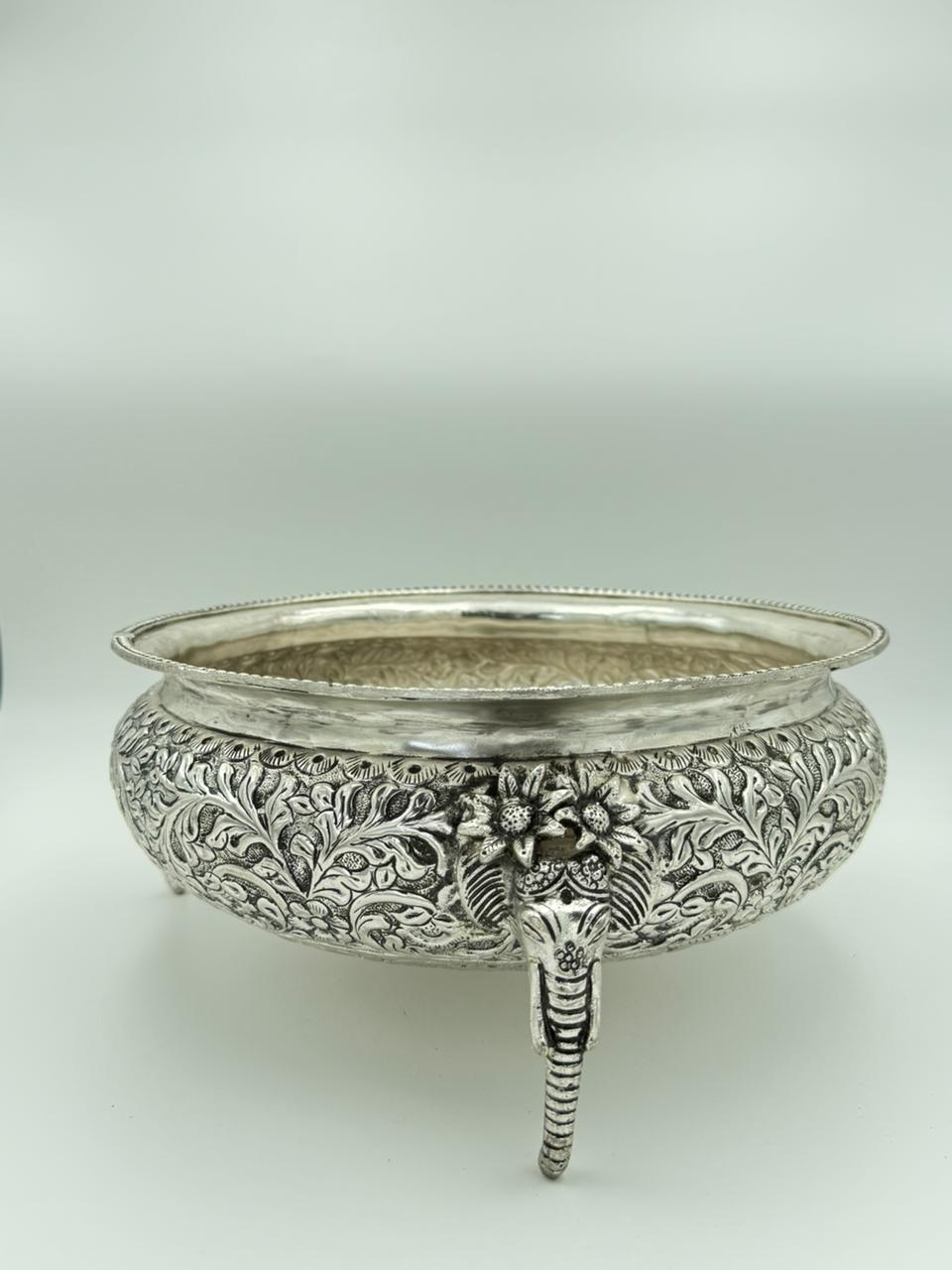 German Silver Elephant Legged Urli – Fully Carved 12" Bowl for Home Décor