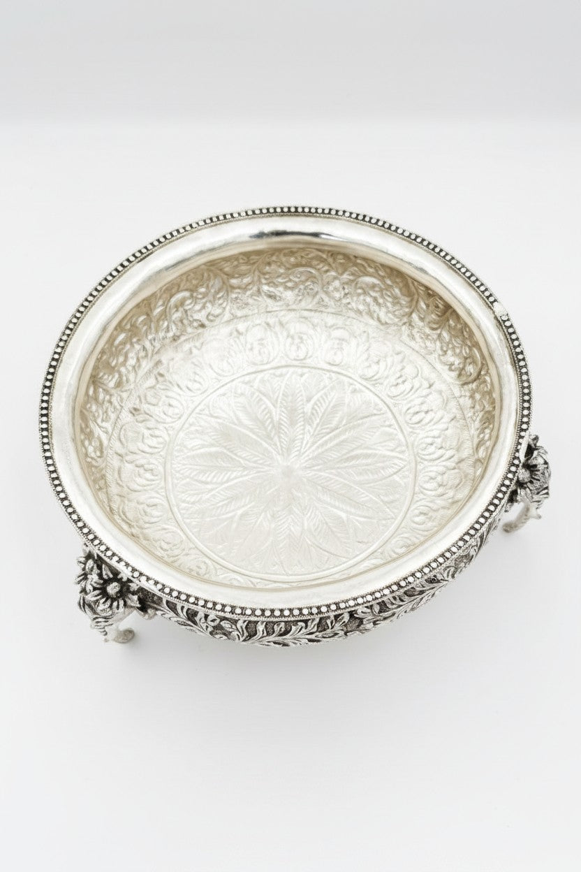 German Silver Elephant Legged Urli – Fully Carved 12" Bowl for Home Décor