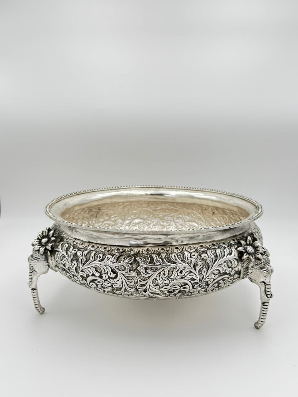 German Silver Elephant Legged Urli – Fully Carved 12" Bowl for Home Décor