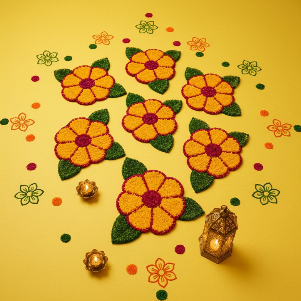 Yellow flower mats with green leaves, festive reusable home décor set for pooja and Diwali celebrations.