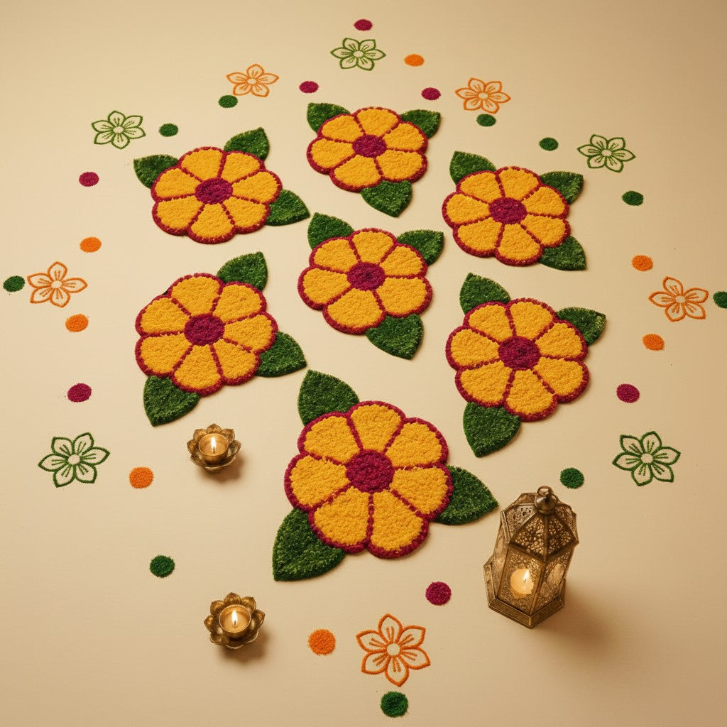 Yellow flower mats with green leaves, festive reusable home décor set for pooja and Diwali celebrations.