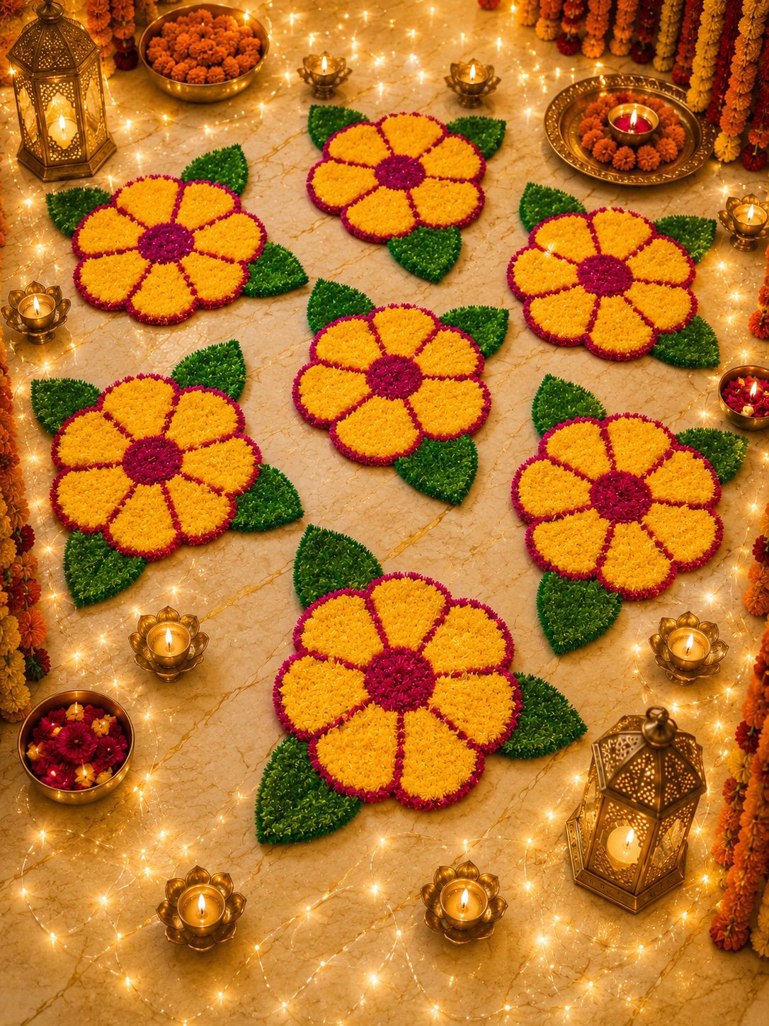 Yellow flower mats with green leaves, festive reusable home décor set for pooja and Diwali celebrations.
