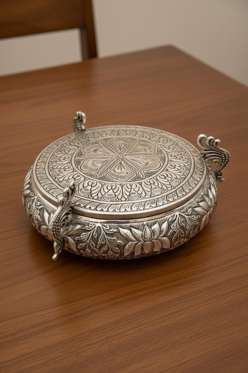German Silver Urli Bowl with 3 Flying Peacock Legs | Antique Home Décor