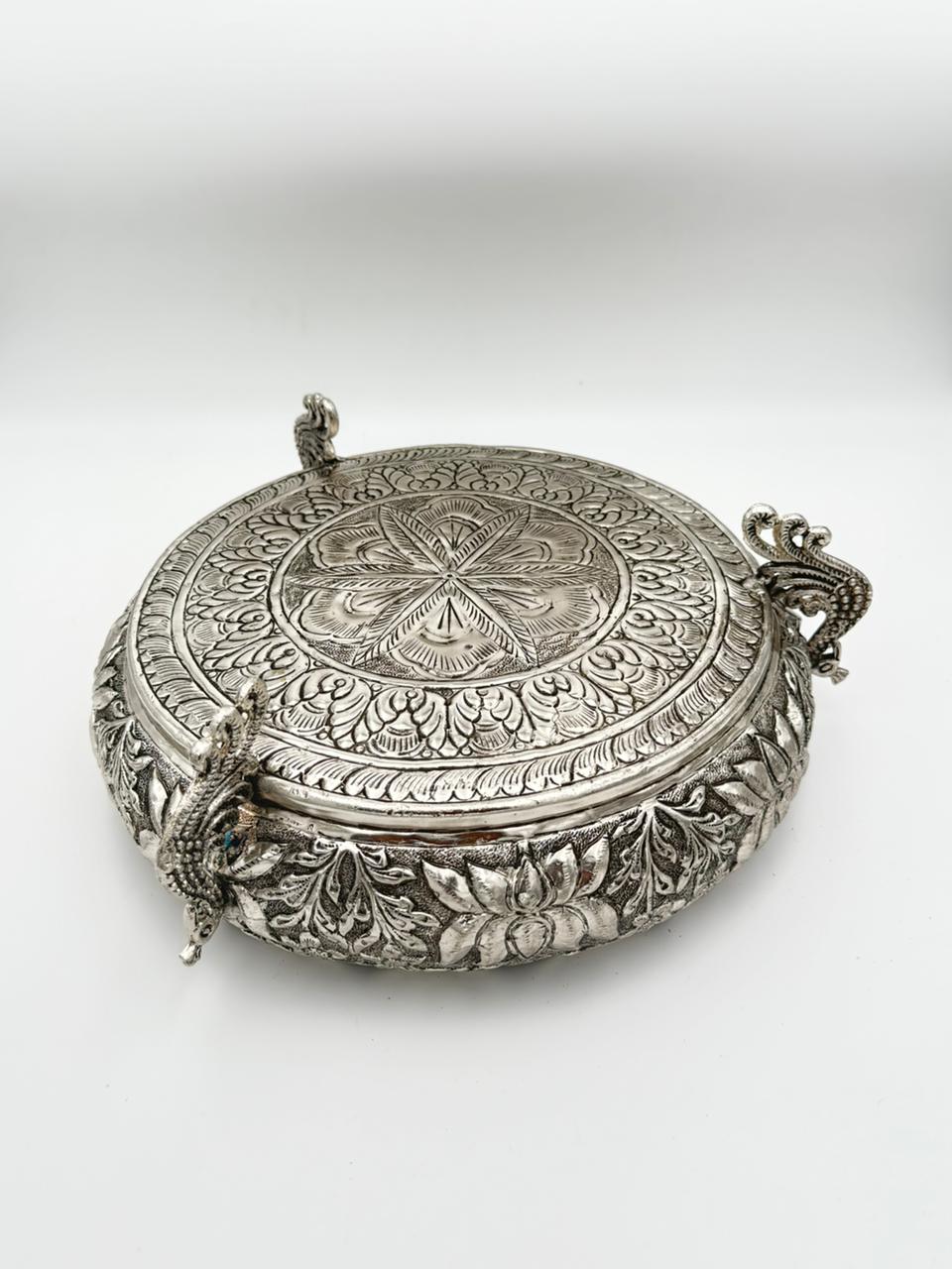 German Silver Urli Bowl with 3 Flying Peacock Legs | Antique Home Décor