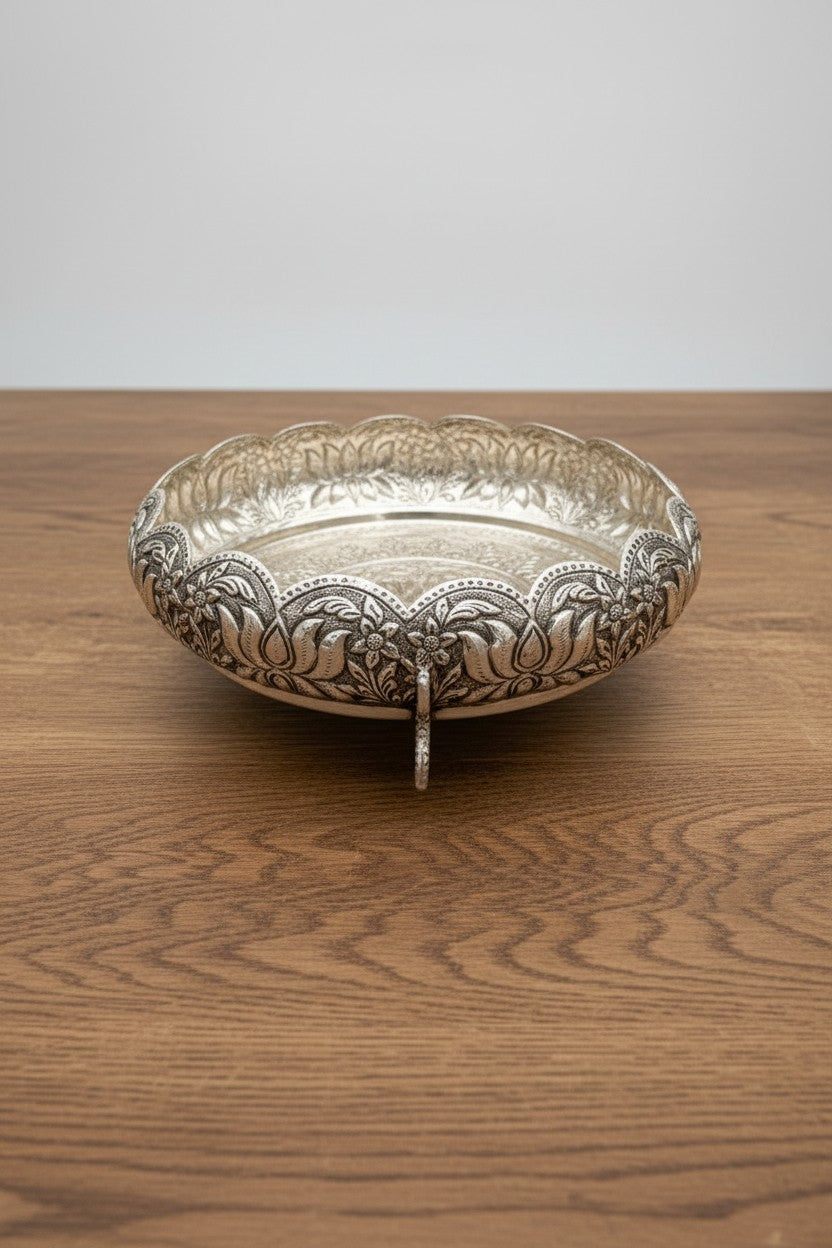 German Silver Urli Bowl with 3 Flying Peacock Legs | Antique Home Décor
