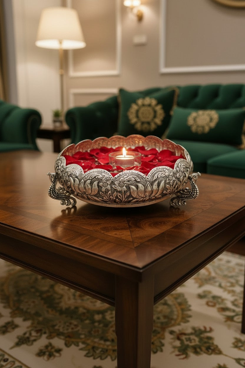 German Silver Urli Bowl with 3 Flying Peacock Legs | Antique Home Décor