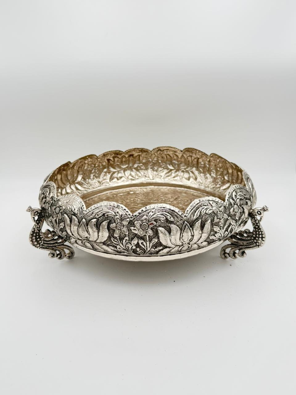 German Silver Urli Bowl with 3 Flying Peacock Legs | Antique Home Décor