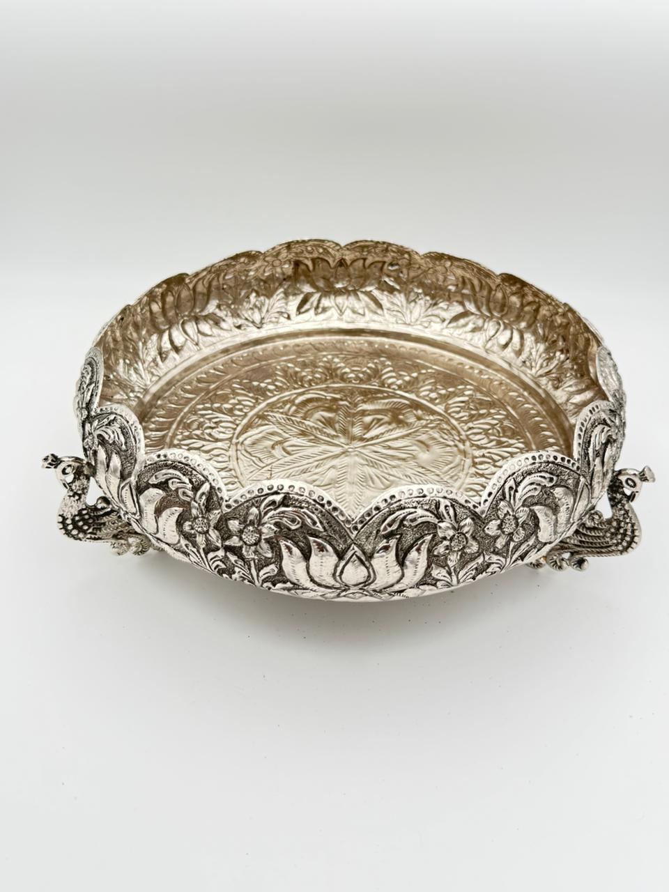 German Silver Lotus Urli Bowl – Antique Finish with Peacock Legs for Home Décor, Housewarming & Diwali Festival
