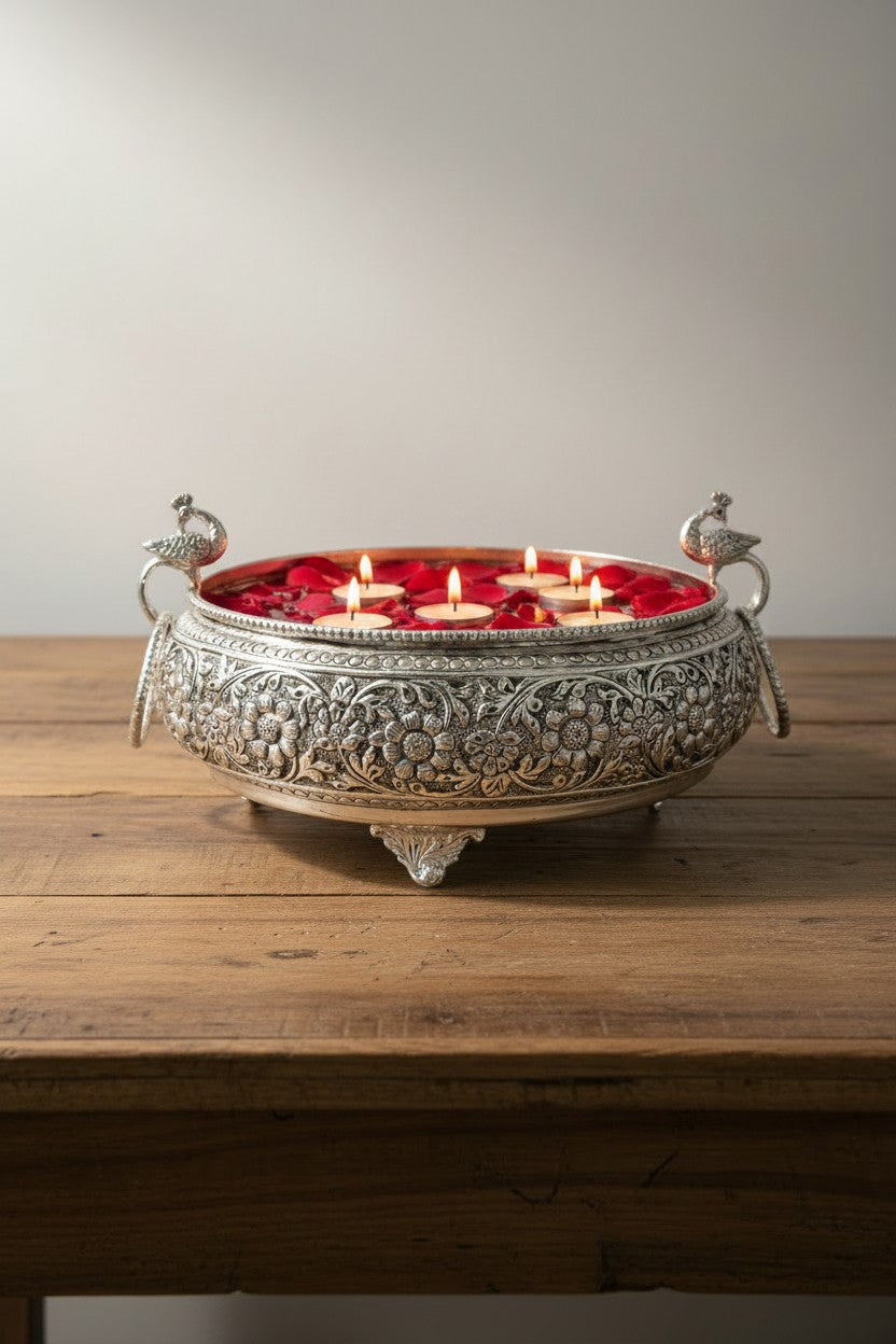 Traditional German silver peacock urli bowl with carved antique design, elegant festive décor accent for floating flowers, candles, and cultural celebrations.