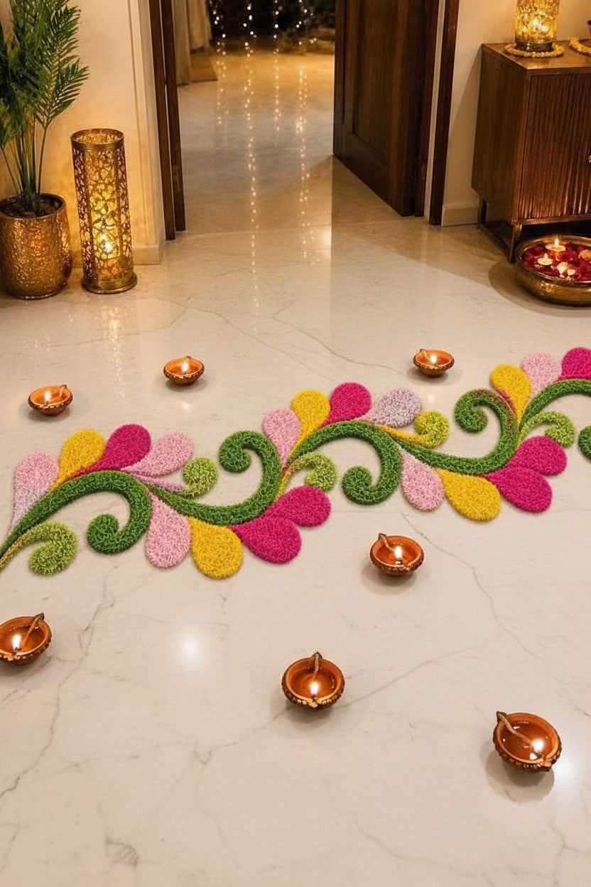 Cutwork multicolor Rangoli Mat – Feather Yarn Soft Design for Elegant Home & Festival Décor, 36"