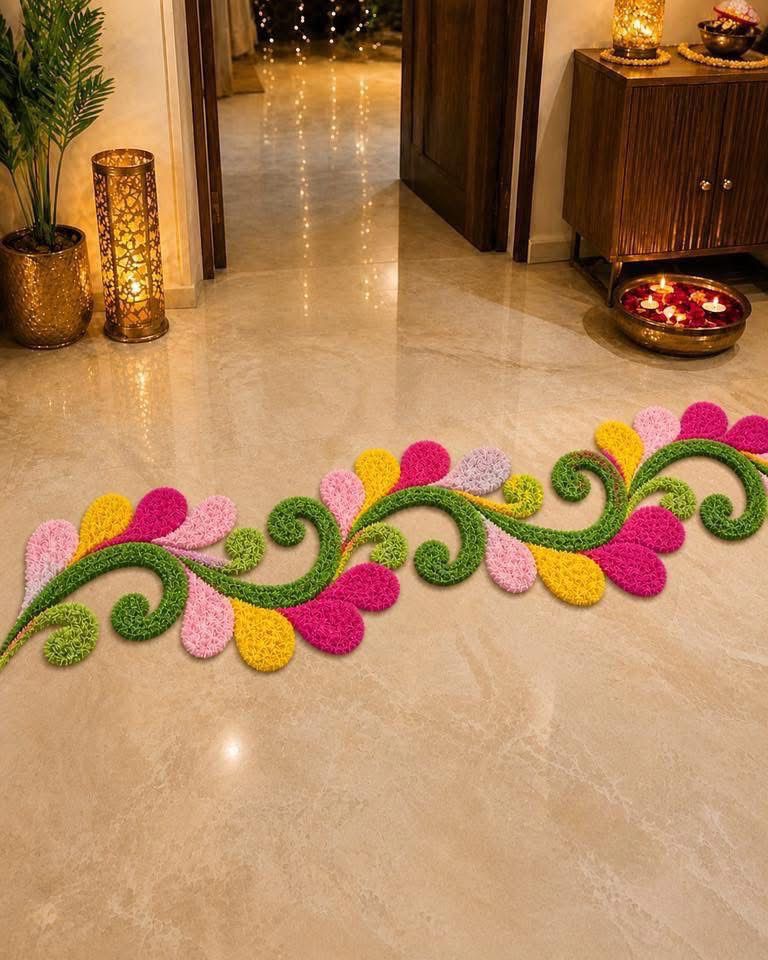 Cutwork multicolor Rangoli Mat – Feather Yarn Soft Design for Elegant Home & Festival Décor, 36"