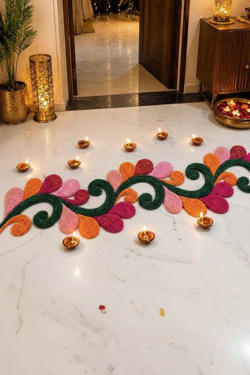 Cutwork colorful Rangoli Mat – Feather Yarn Soft Design for Elegant Home & Festival Décor, 36"