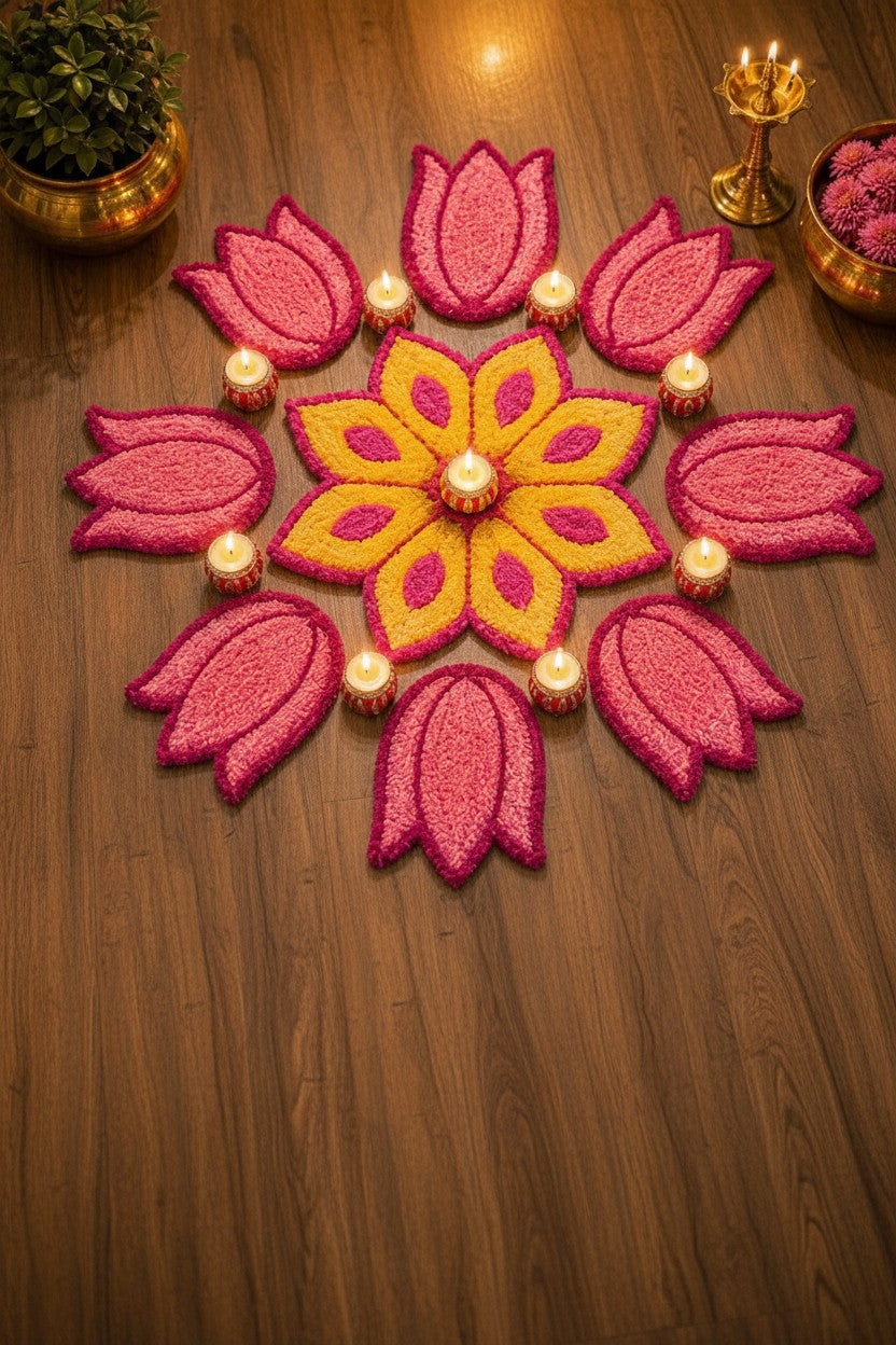 Lotus Bloom Rangoli Mat Set – Soft Feather Yarn Cutwork Design for Elegant Home & Festival Décor, yellow