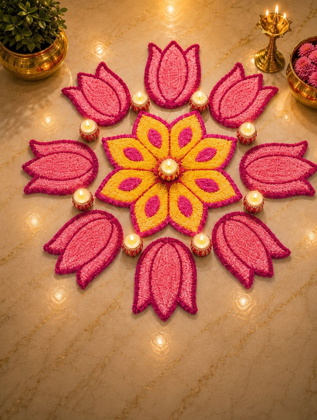 Lotus Bloom Rangoli Mat Set – Soft Feather Yarn Cutwork Design for Elegant Home & Festival Décor, yellow