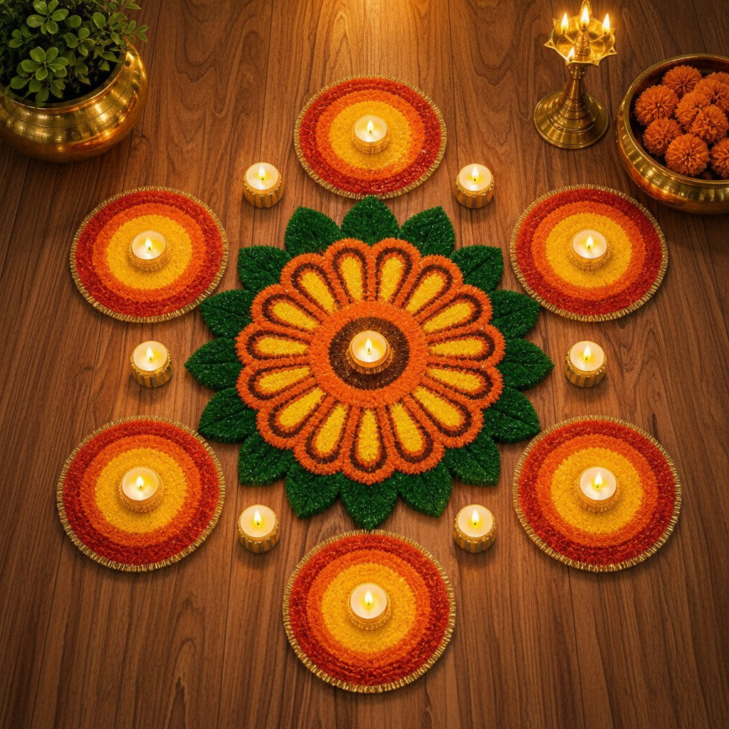 Festive Round Colorful Rangoli Mat with tea lights  – Vibrant Cutwork Design for Home & Festival Décor