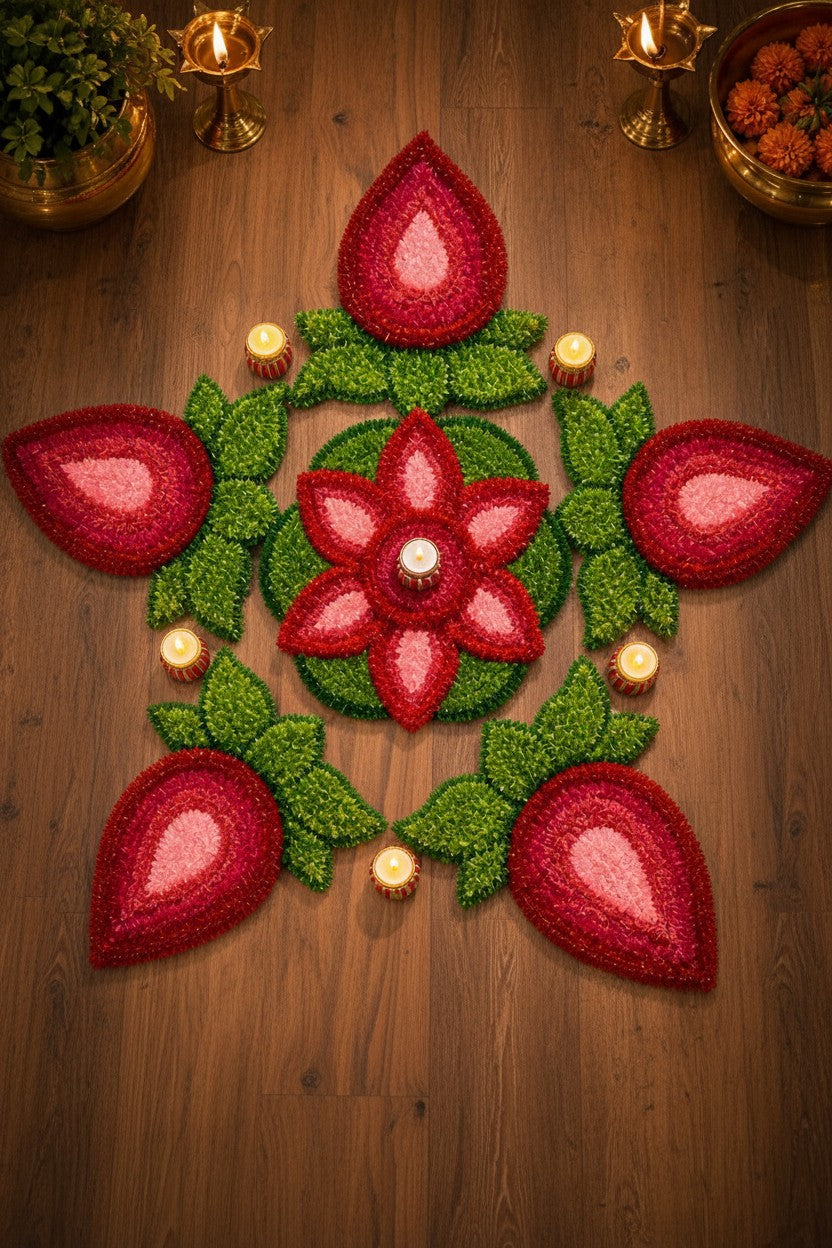 Lotus Bloom Rangoli Mat Set – Soft Feather Yarn Cutwork Design for Elegant Home & Festival Décor