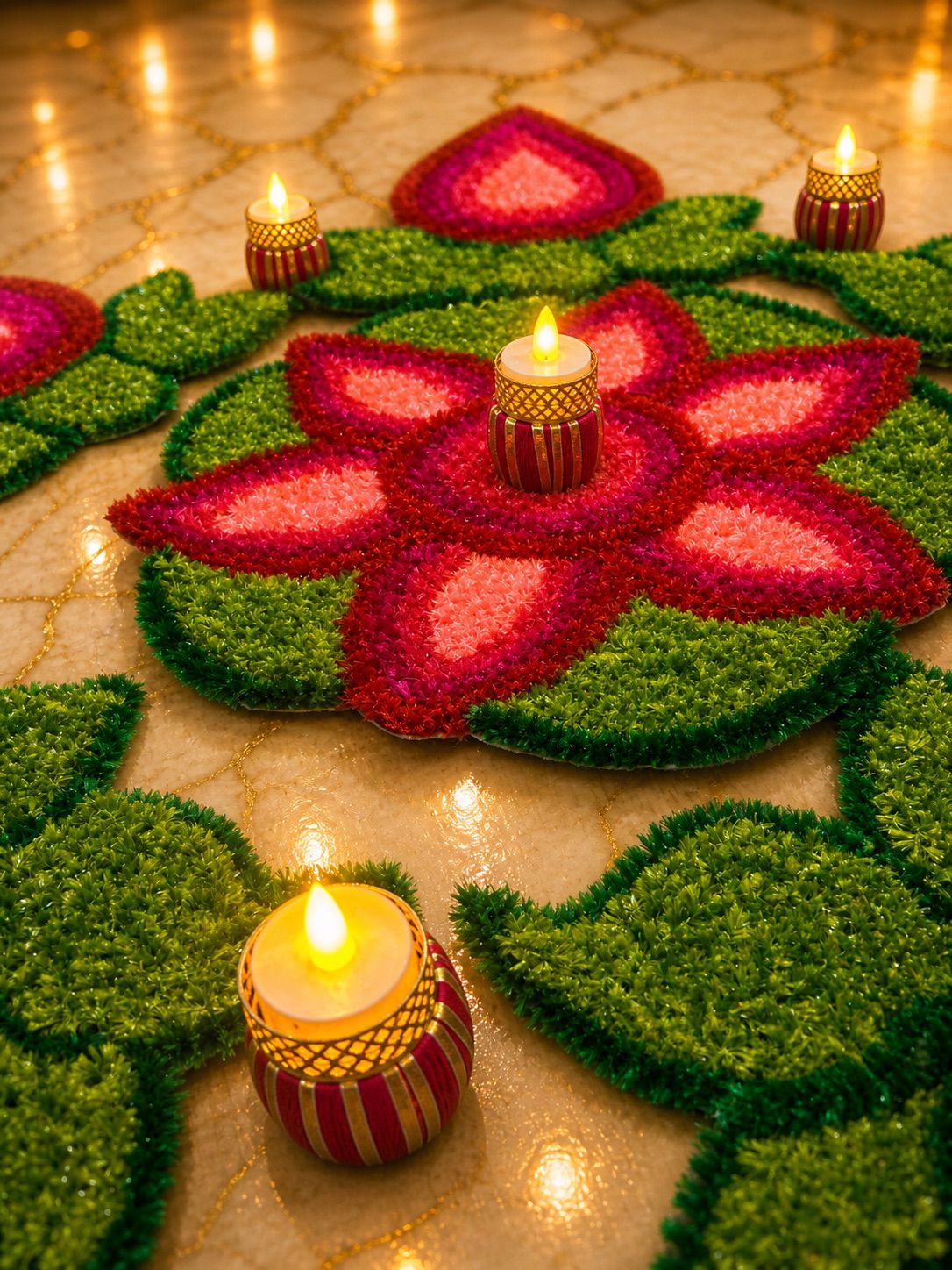 Lotus Bloom Rangoli Mat Set – Soft Feather Yarn Cutwork Design for Elegant Home & Festival Décor