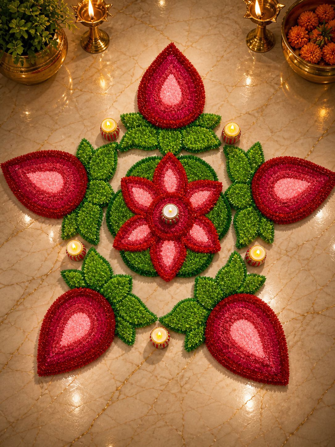Lotus Bloom Rangoli Mat Set – Soft Feather Yarn Cutwork Design for Elegant Home & Festival Décor