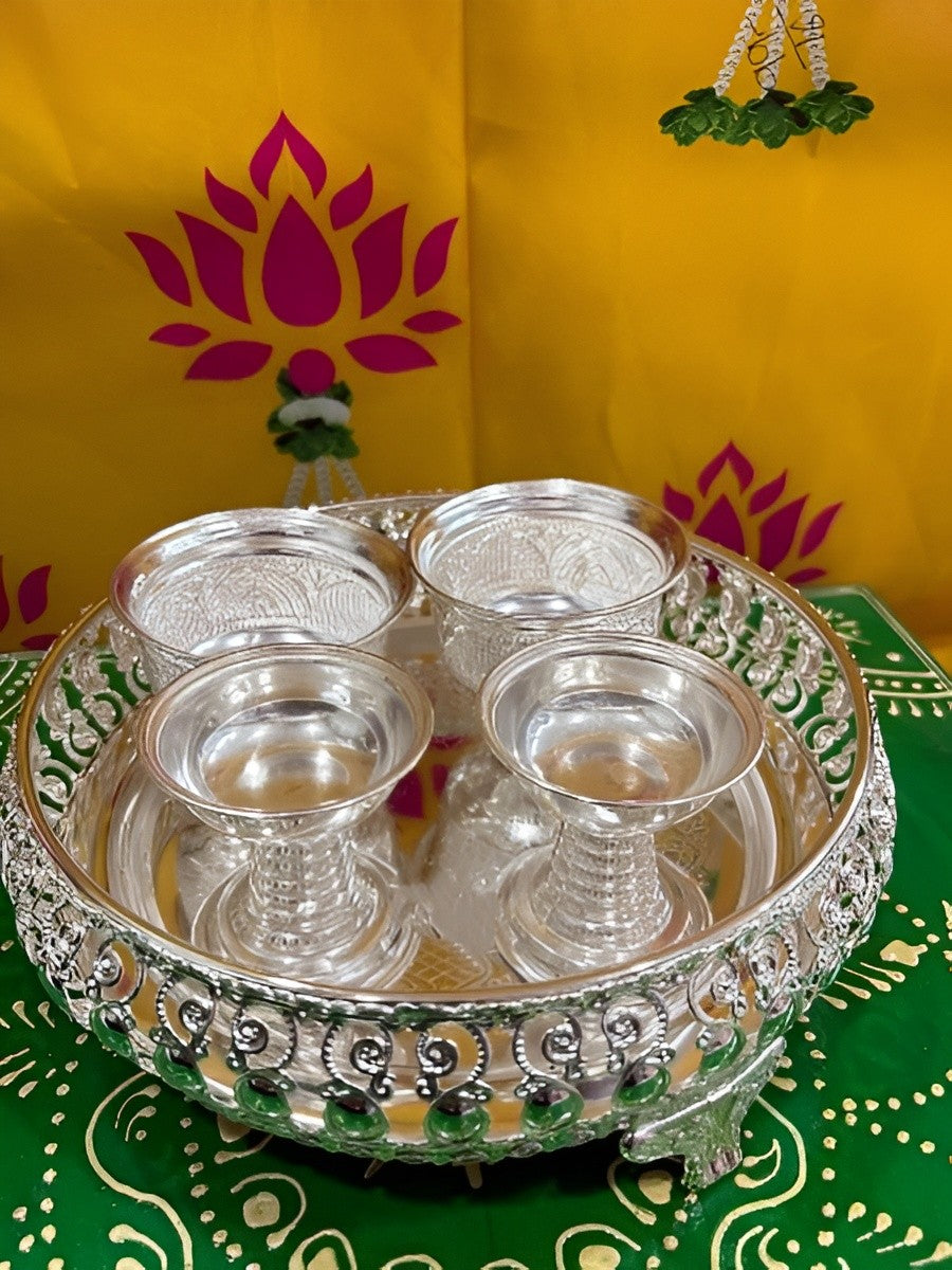 german silver tray with 2 bowls and 2 diya set for diwali/ gift item
