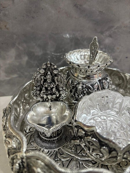 silver plated antique finish pooja thali urli set for diwali/ housewarming/ gift item/ home décor