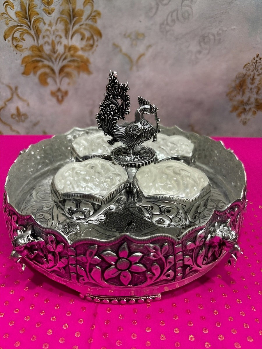 silver plated antique finish urli bowl with kumkum bowl set for diwali décor/ pooja