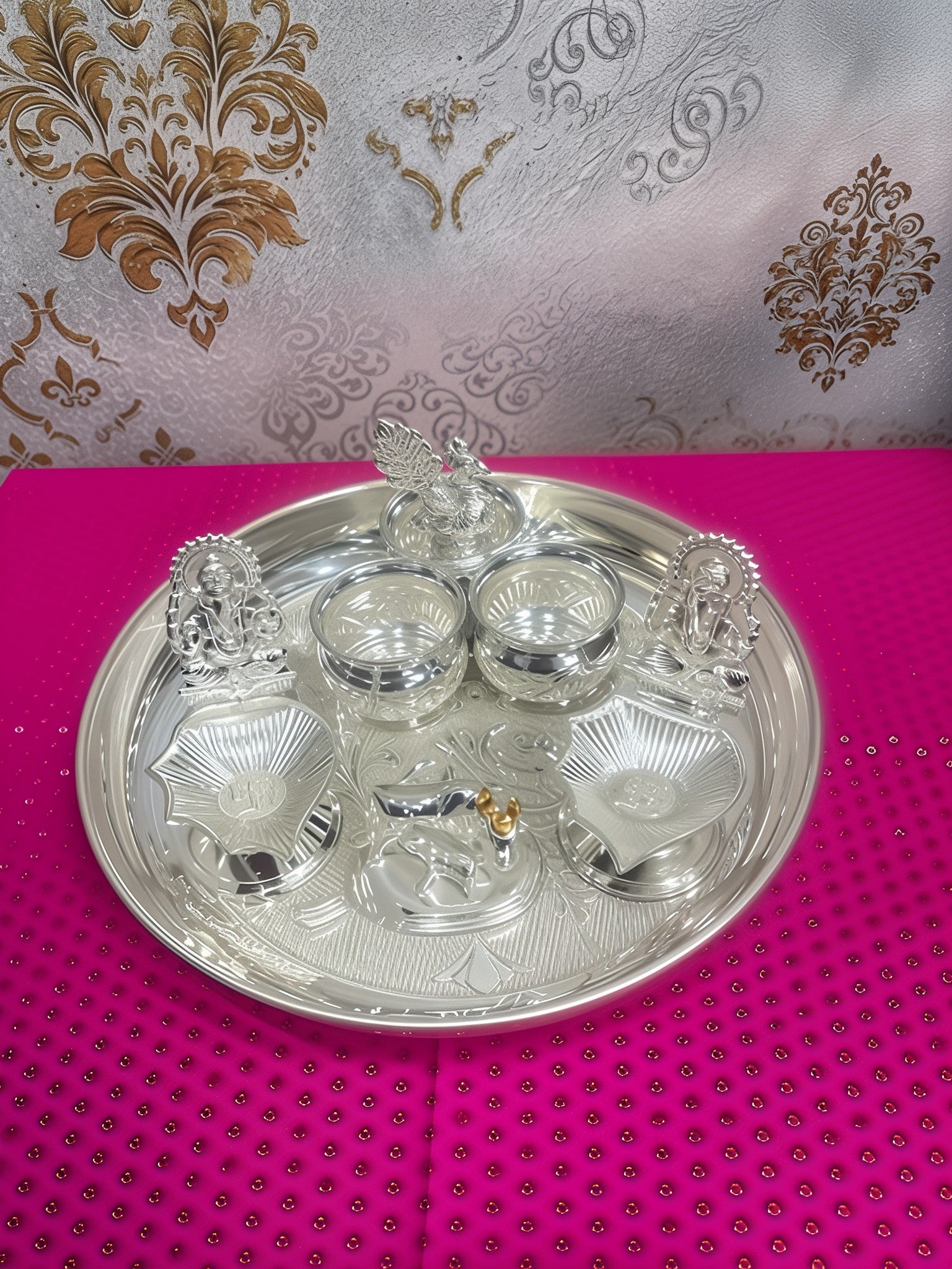 german silver pooja thali set for diwali/ housewarming pooja - 5 pieces set