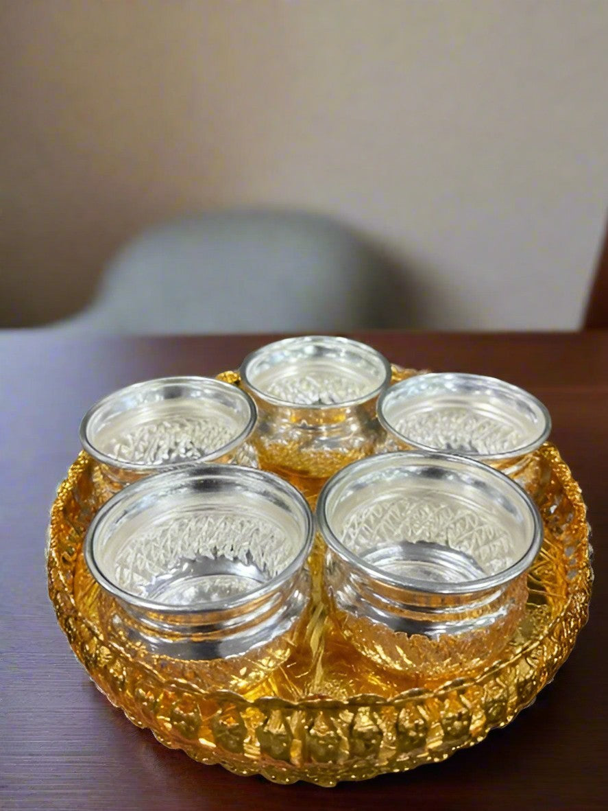 german silver golden tray with 5 small bowls tray for diwali pooja