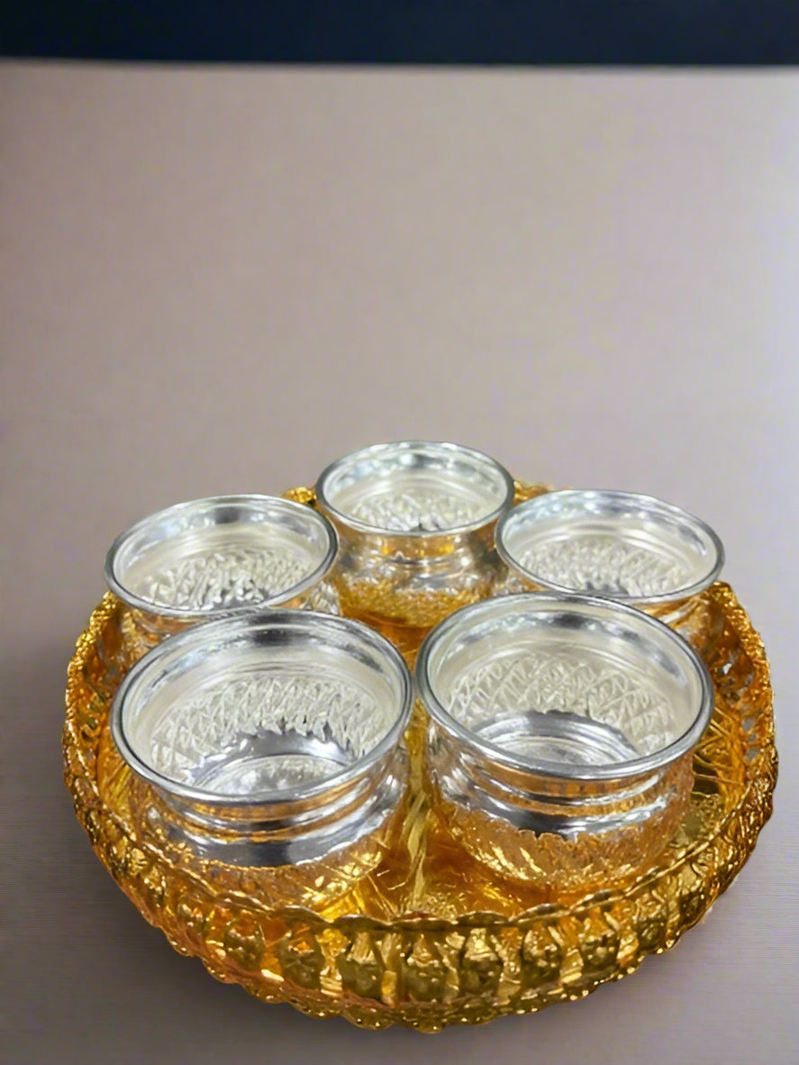 german silver golden tray with 5 small bowls tray for diwali pooja