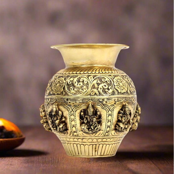 brass astha lakshmi kalash fully carved antique look for diwali/ home décor/ housewarming