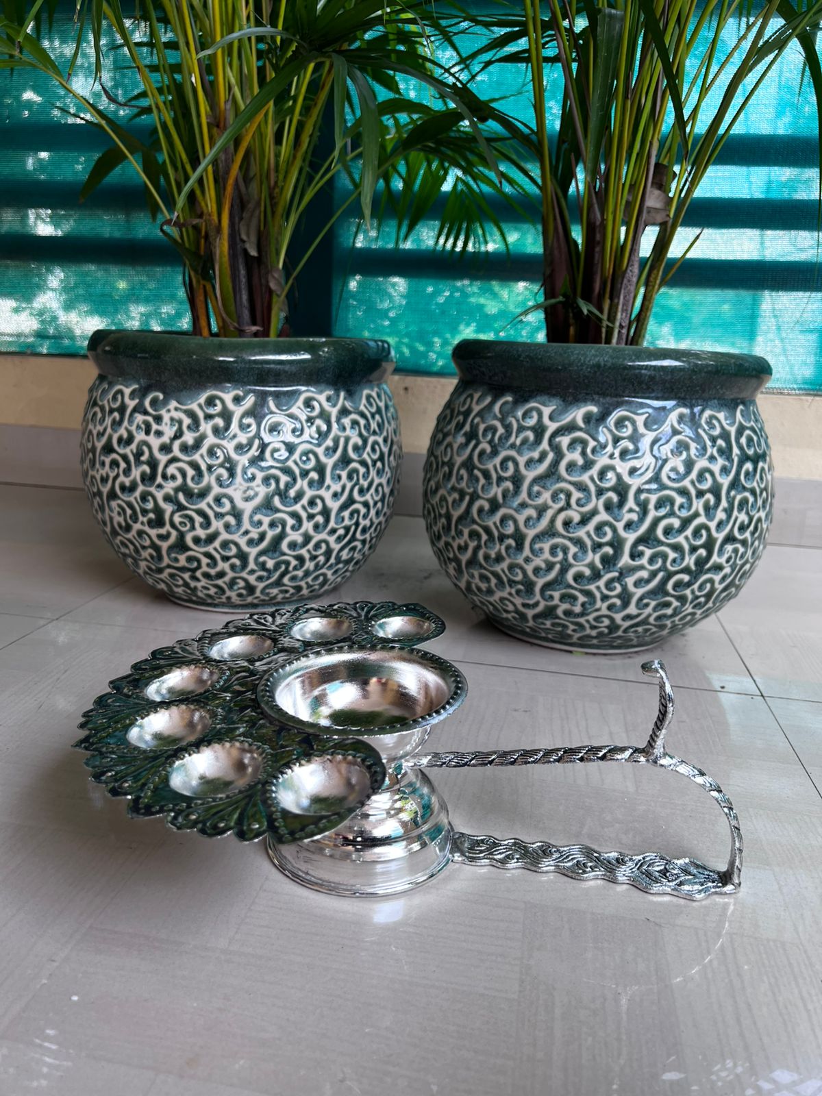 german silver Big sized Panchaarti with beautiful handle and carving for diwali pooja