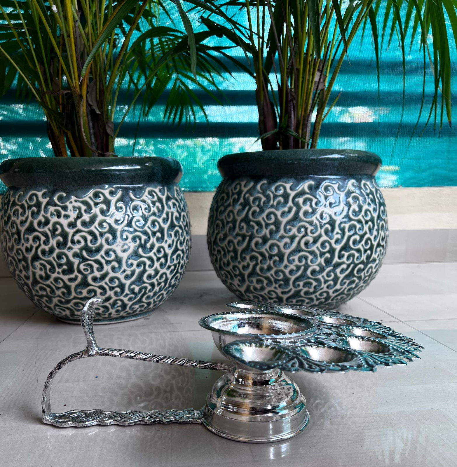 german silver Big sized Panchaarti with beautiful handle and carving for diwali pooja