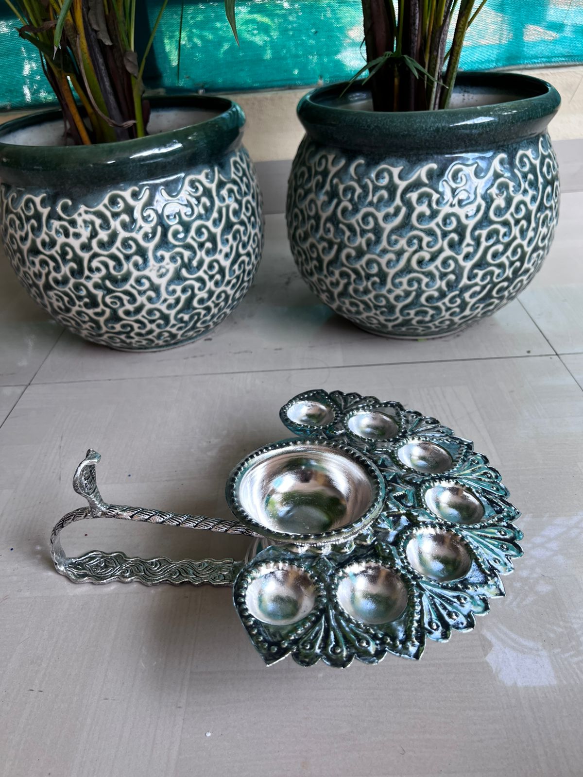 german silver Big sized Panchaarti with beautiful handle and carving for diwali pooja