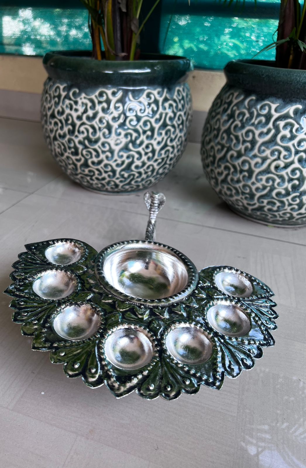 german silver Big sized Panchaarti with beautiful handle and carving for diwali pooja