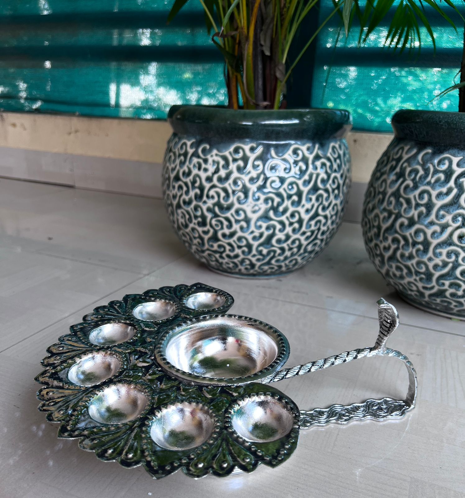 german silver Big sized Panchaarti with beautiful handle and carving for diwali pooja