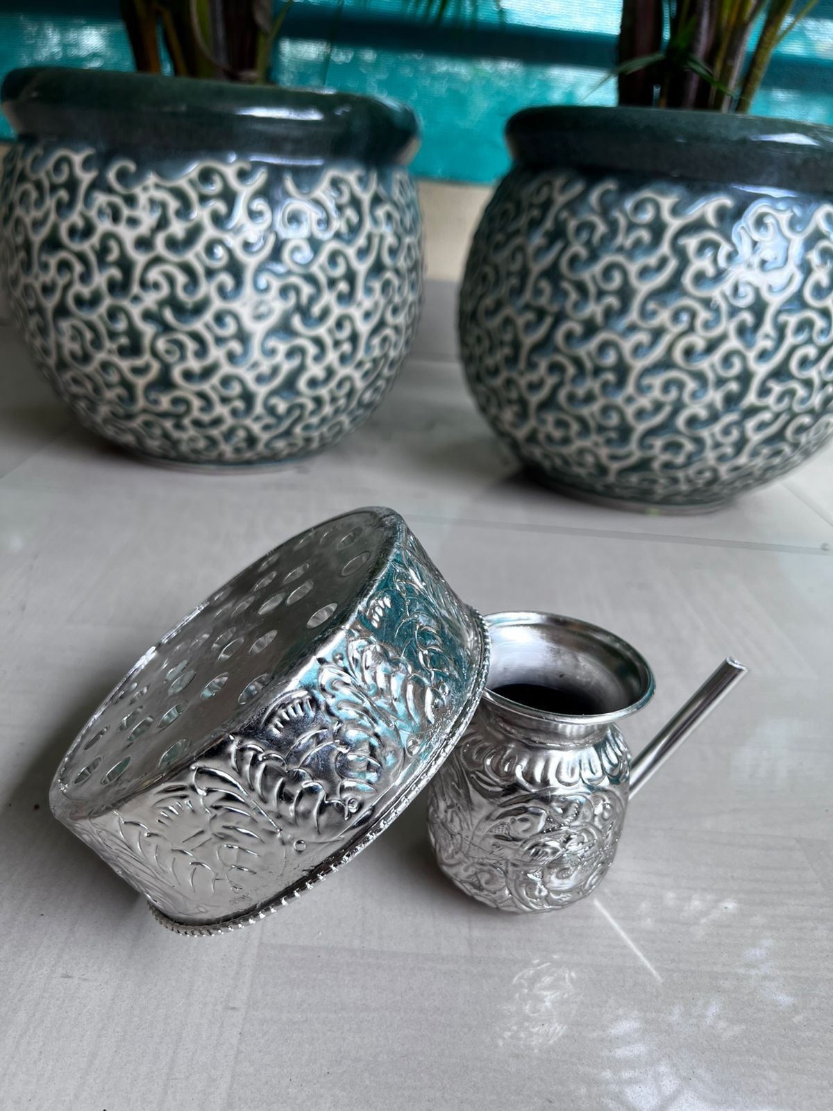 german silver karwachauth pooja thali set of 2 pieces