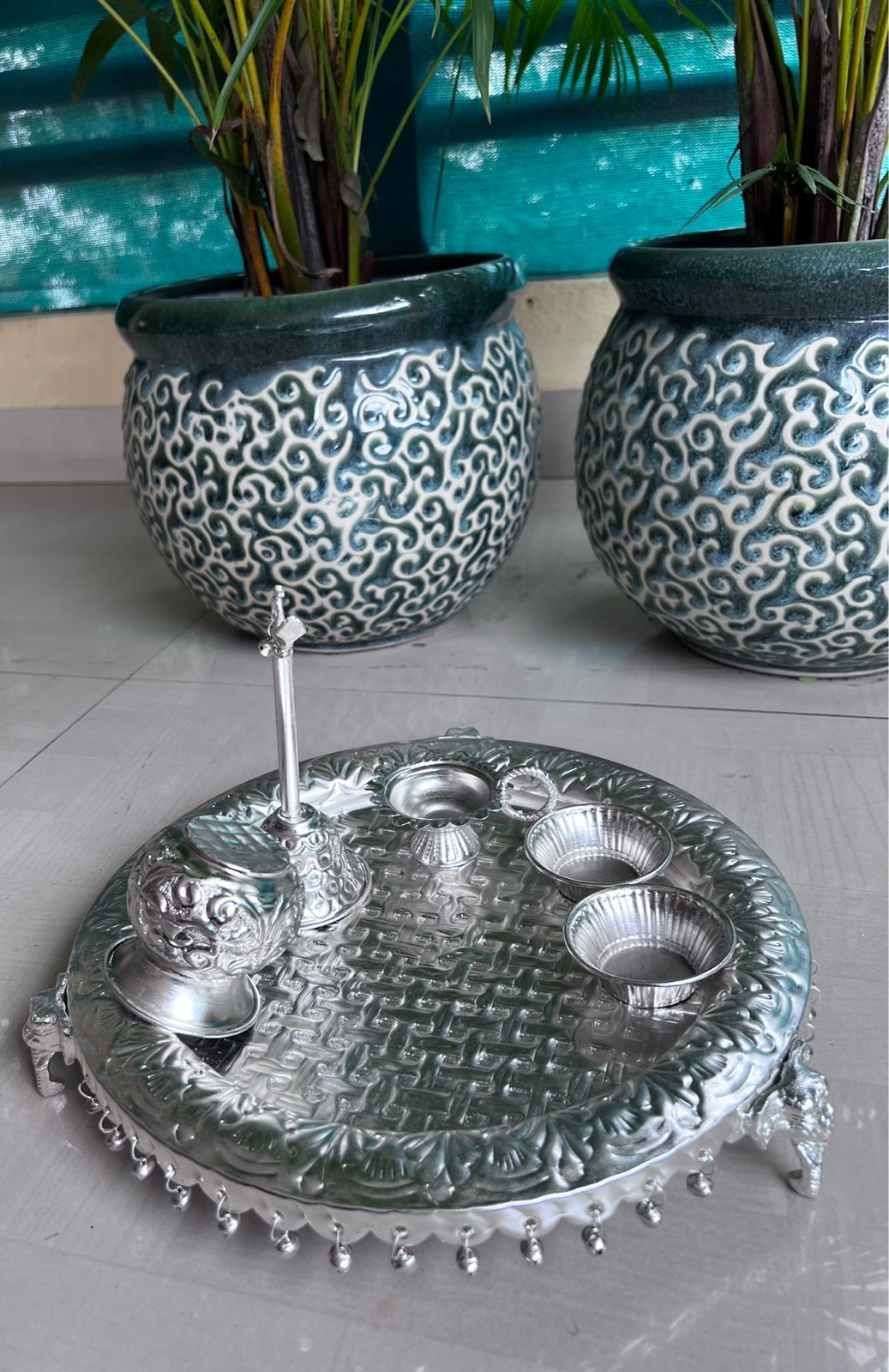 german silver Checkered elephant ghunghroo pooja thali set for diwali/ housewarming