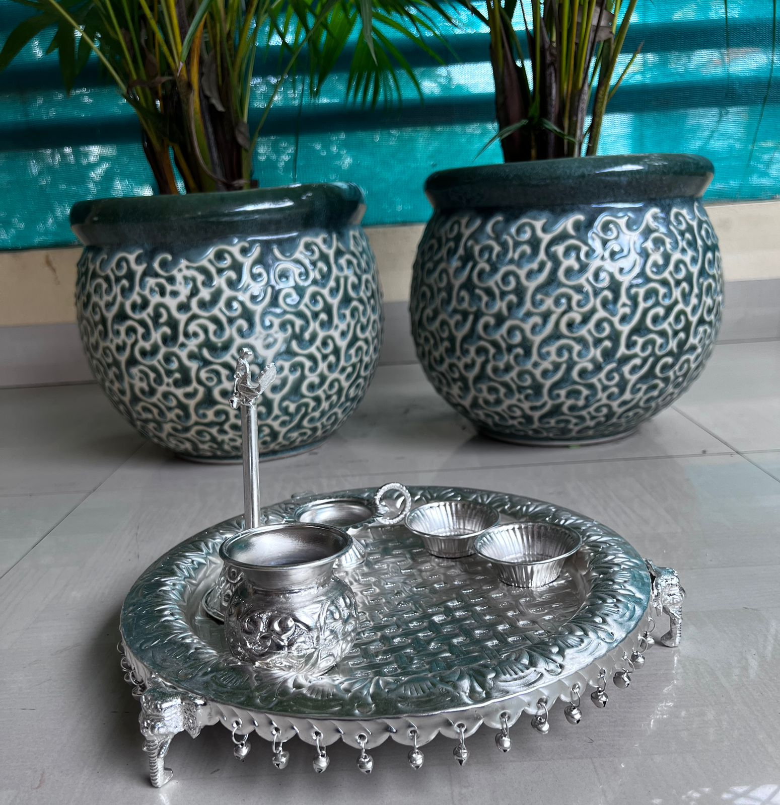 german silver Checkered elephant ghunghroo pooja thali set for diwali/ housewarming