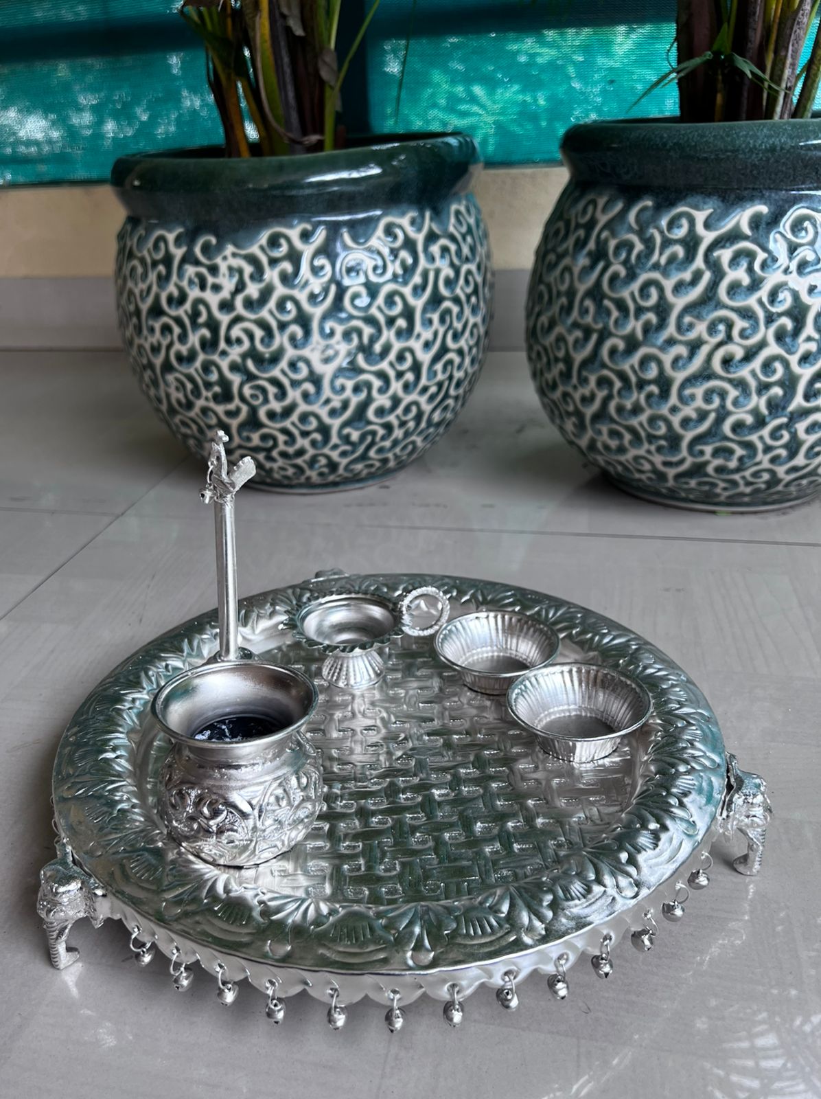 german silver Checkered elephant ghunghroo pooja thali set for diwali/ housewarming