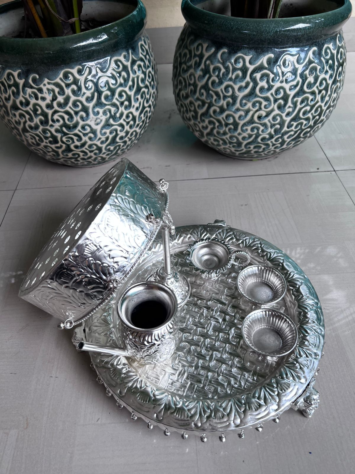 german silver KARWACHAUTH SET Checkered elephant model ghunghroo pooja thali WITH Chalni and karwa kalash set