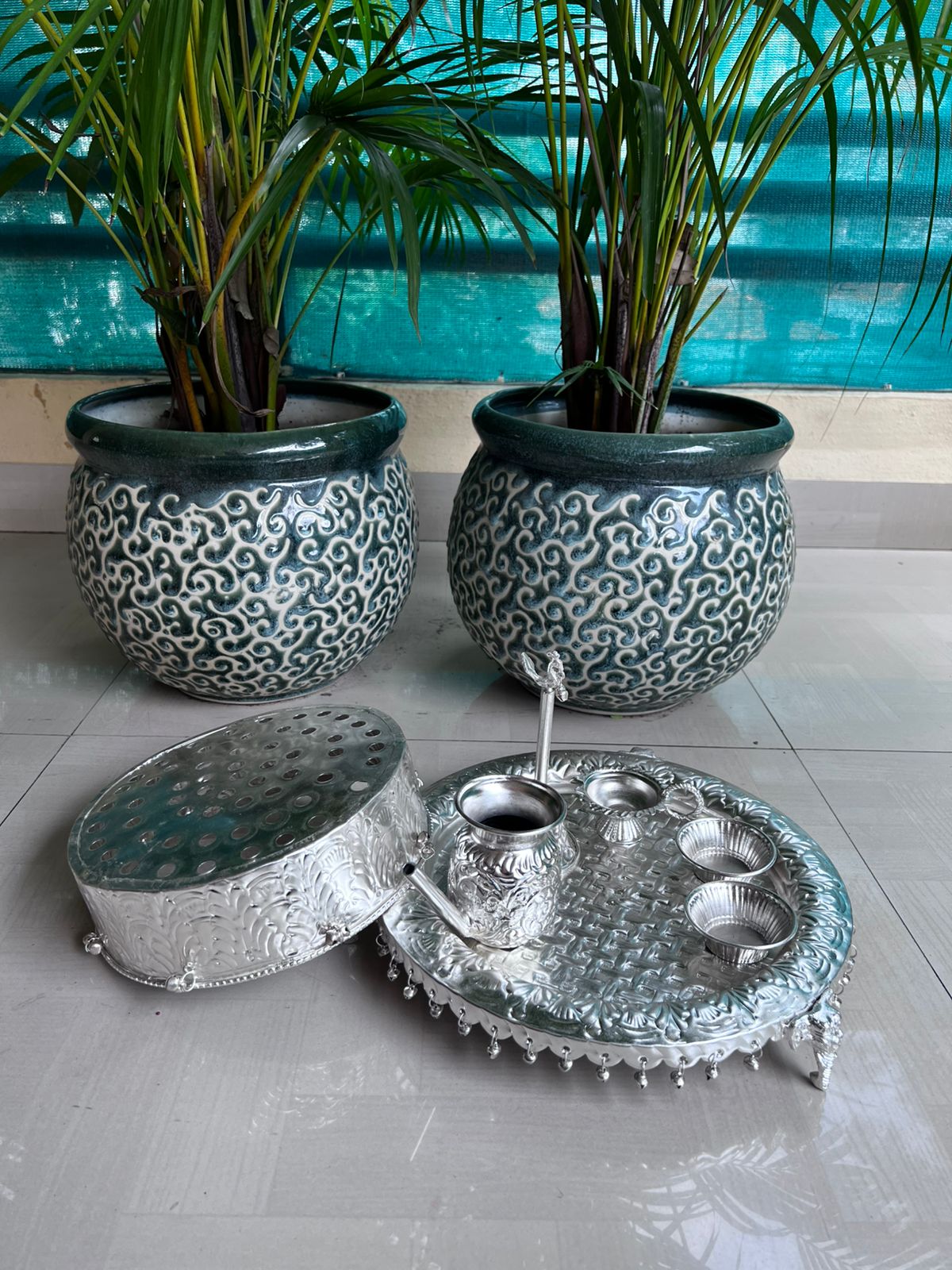 german silver KARWACHAUTH SET Checkered elephant model ghunghroo pooja thali WITH Chalni and karwa kalash set