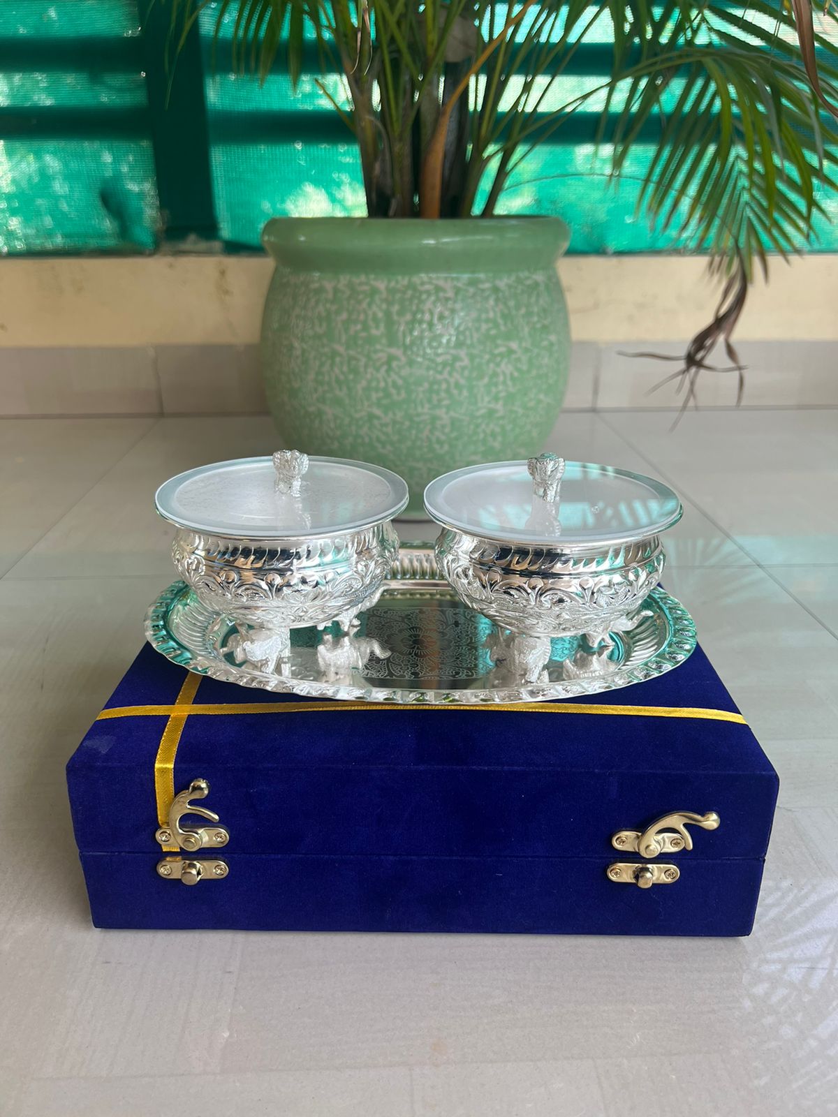german silver Elephant legs with elephant lid bowl 2 pcs set with tray in gift box for diwali gifting