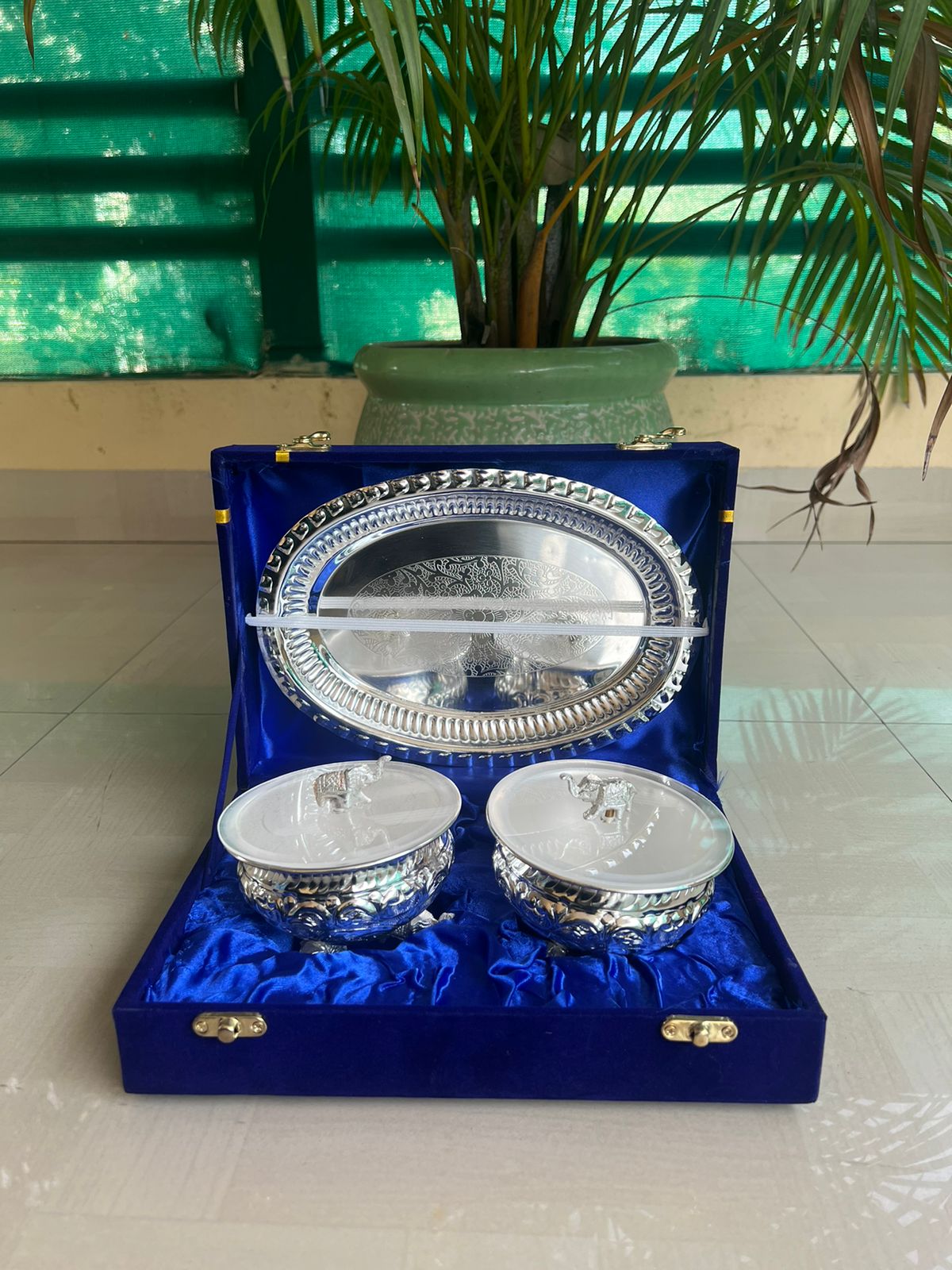 german silver Elephant legs with elephant lid bowl 2 pcs set with tray in gift box for diwali gifting