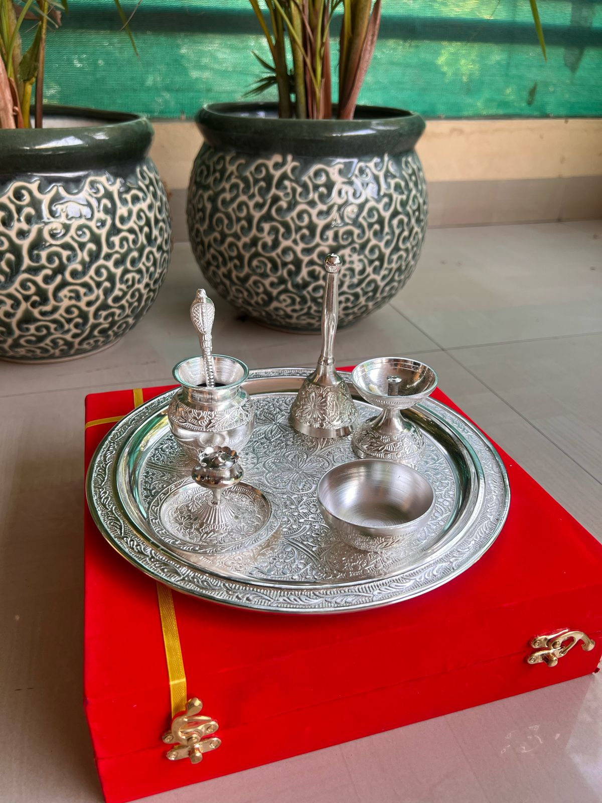 german silver Silvery shiny pooja thali set in velvet gift box gift item for diwali/ housewarming